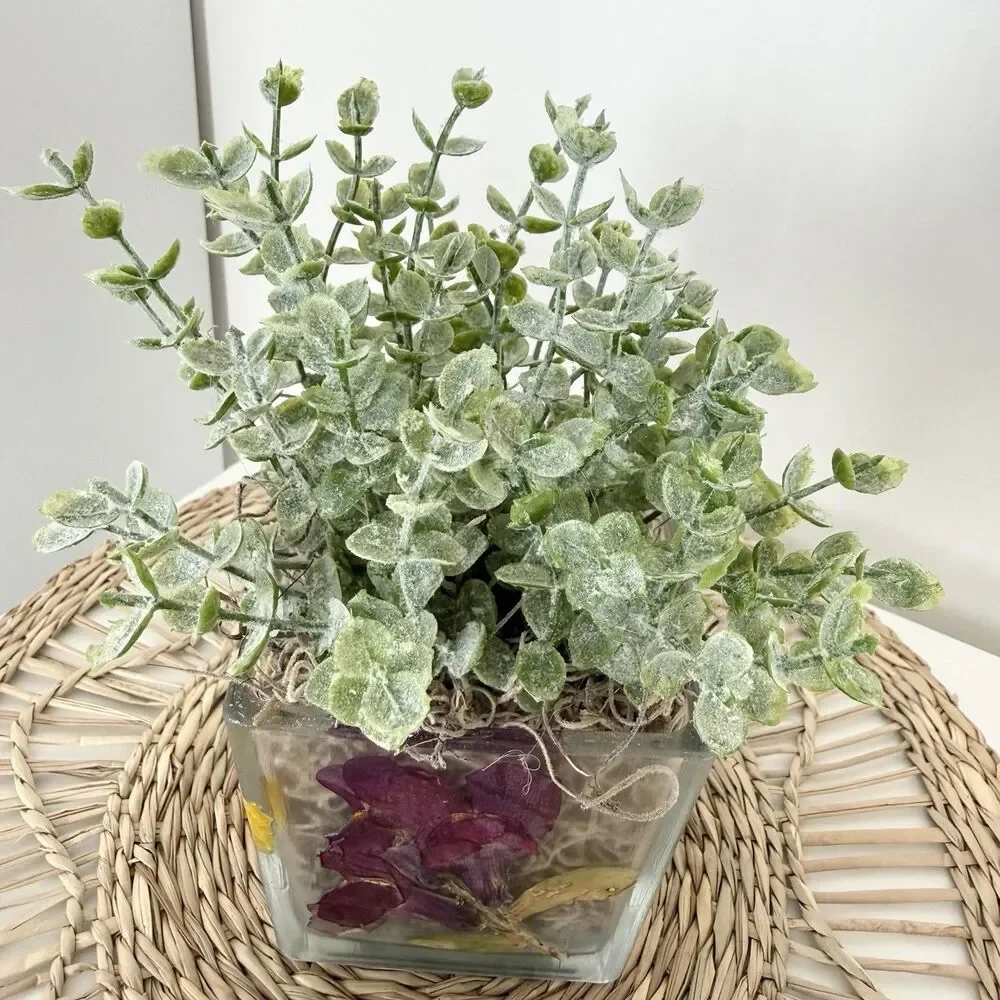Handmade Faux Green Plant Arrangement In Dried Flower Glass Planter